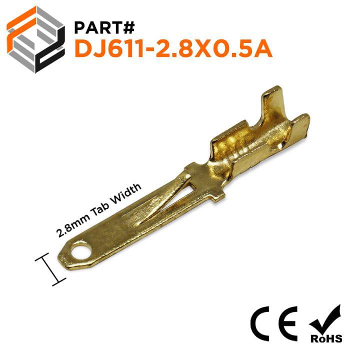 DJ611-2.8X0.5A - 22 to 16 AWG Male Quick Disconnects, 2.8mm NEMA Tab, Brass, 100 Pieces