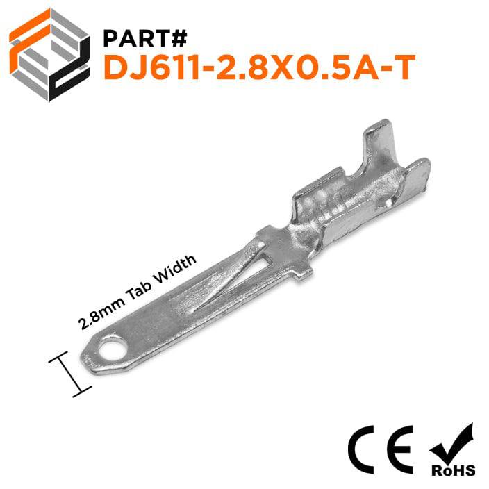 DJ611-2.8X0.5A-T - 22 to 16 AWG Male Quick Disconnects, 2.8mm NEMA Tab, Tin Plated Brass, 100 Pieces
