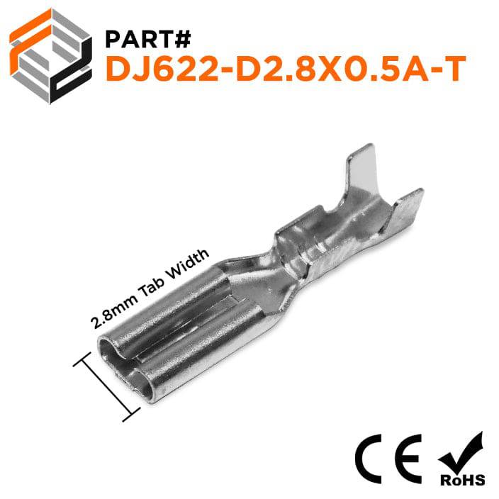 DJ622-D2.8X0.5A-T - 22 to 16 AWG Tin Plated Female Open Barrel Quick Disconnects, 100 Pieces
