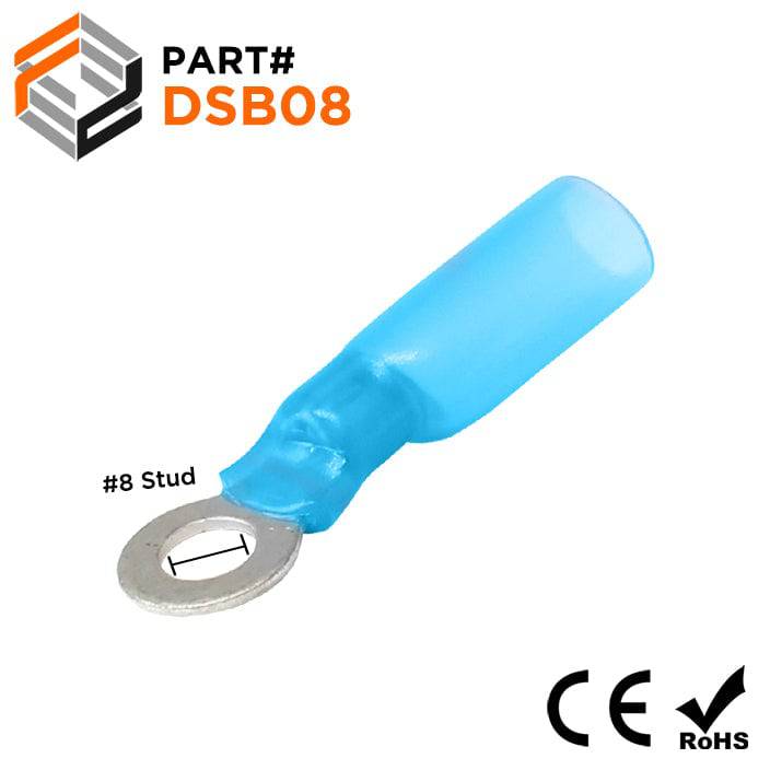 DSB08 - 16 to 14 AWG Heat Shrink Ring Terminals, #8 Stud, Polyolefin, 25 Pieces