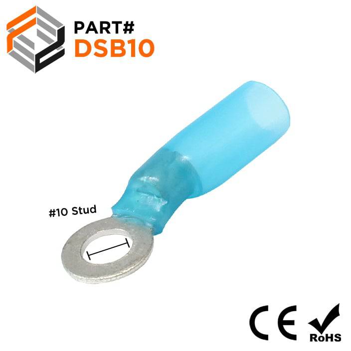 DSB10 - 16 to 14 AWG Heat Shrink Ring Terminals, #10 Stud, Polyolefin, 25 Pieces