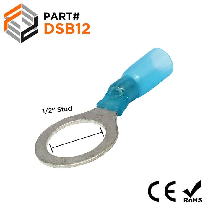 DSB12 - 16 to 14 AWG Heat Shrink Ring Terminals, 1/2" Stud, Polyolefin, 25 Pieces