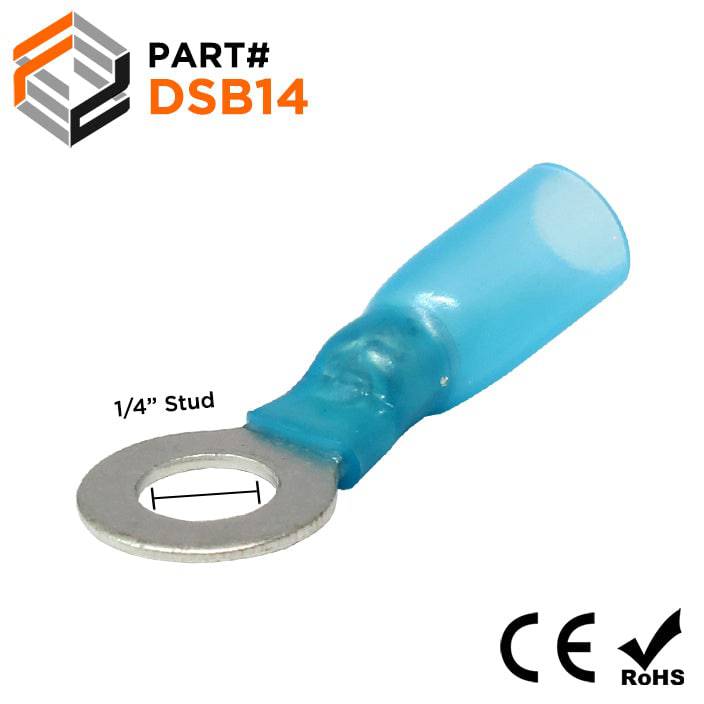 DSB14 - 16 to 14 AWG Heat Shrink Ring Terminals, 1/4" Stud, Polyolefin, 25 Pieces