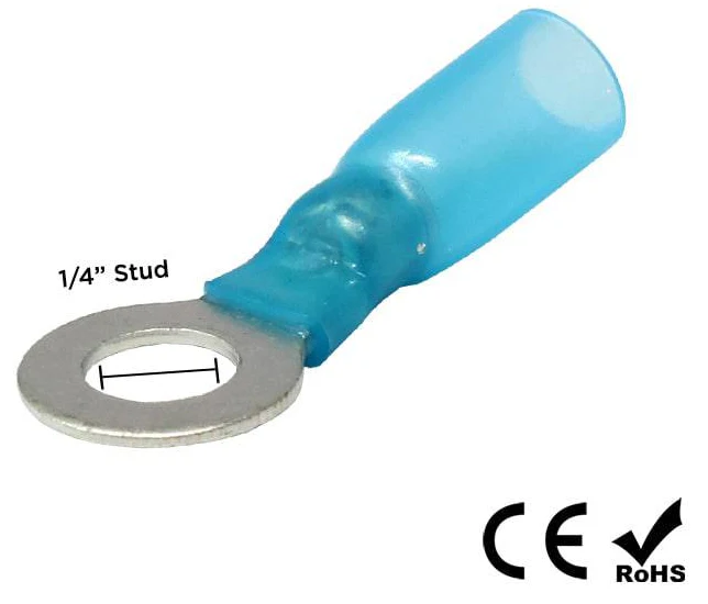 DSB14S - 16 to 14 AWG Heat Shrink Ring Terminals, Small Profile, 1/4" Stud, Polyolefin, 25 Pieces