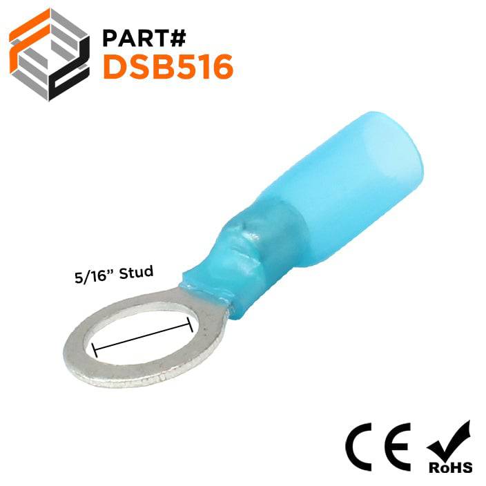 DSB516 - 16 to 14 AWG Heat Shrink Ring Terminals, 5/16" Stud, Polyolefin, 25 Pieces