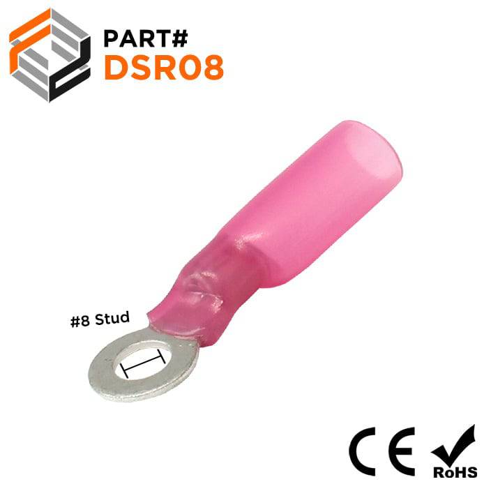 22 to 16 AWG Heat Shrink Ring Terminals, #8 Stud, Polyolefin, 25 Pieces - DSR08