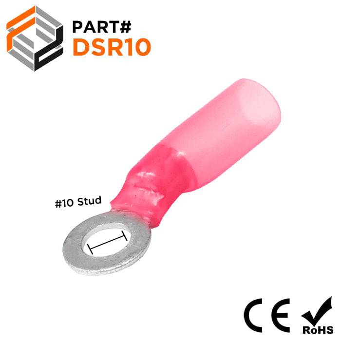 22 to 16 AWG Heat Shrink Ring Terminals, #10 Stud, Polyolefin, 25 Pieces - DSR10