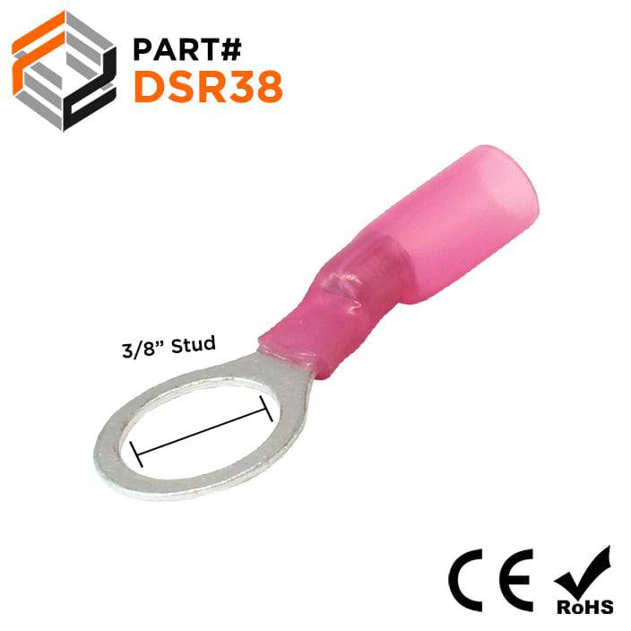22 to 16 AWG Heat Shrink Ring Terminals, 3/8" Stud, Polyolefin, 25 Pieces - DSR38