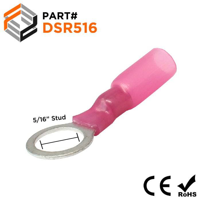 22 to 16 AWG Heat Shrink Ring Terminals, 5/16" Stud, Polyolefin, 25 Pieces - DSR516