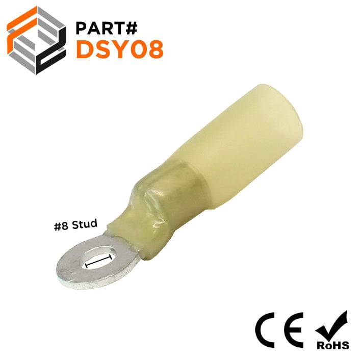 DSY08 - 12 to 10 AWG Heat Shrink Ring Terminals, #8 Stud, Polyolefin, 25 Pieces