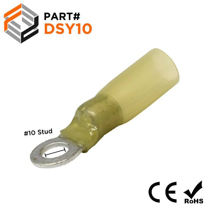 DSY10 - 12 to 10 AWG Heat Shrink Ring Terminals, #10 Stud, Polyolefin, 25 Pieces