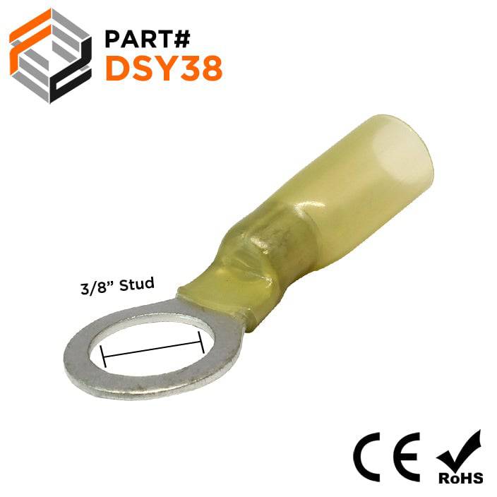 DSY38 - 12 to 10 AWG Heat Shrink Ring Terminals, 3/8" Stud, Polyolefin, 25 Pieces