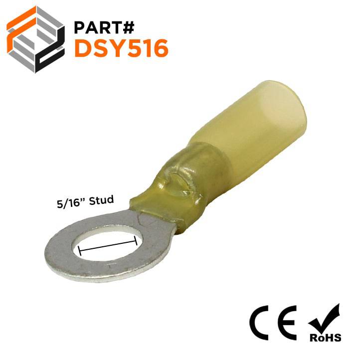 DSY516 - 12 to 10 AWG Heat Shrink Ring Terminals, 5/16" Stud, Polyolefin, 25 Pieces