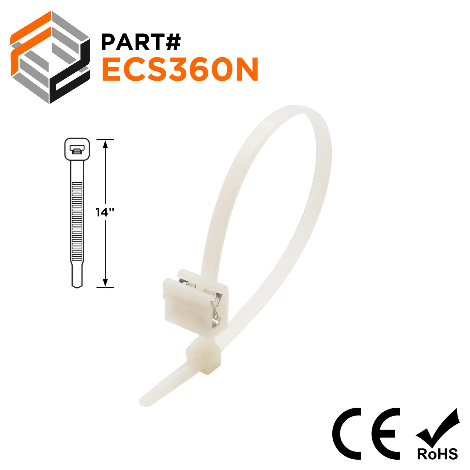 ECS360N - 14" Standard Cable Ties with Edge Clip Mount, 50-lb Tensile Strength, Natural, 100-Pack