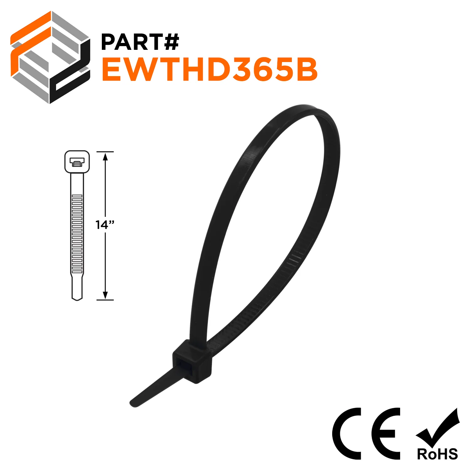 EWTHD365B - 14" Ultra Extreme Temperature Heavy Duty Cable Ties, 120-lb Tensile Strength, Black, UV Resistant, 100-Pack