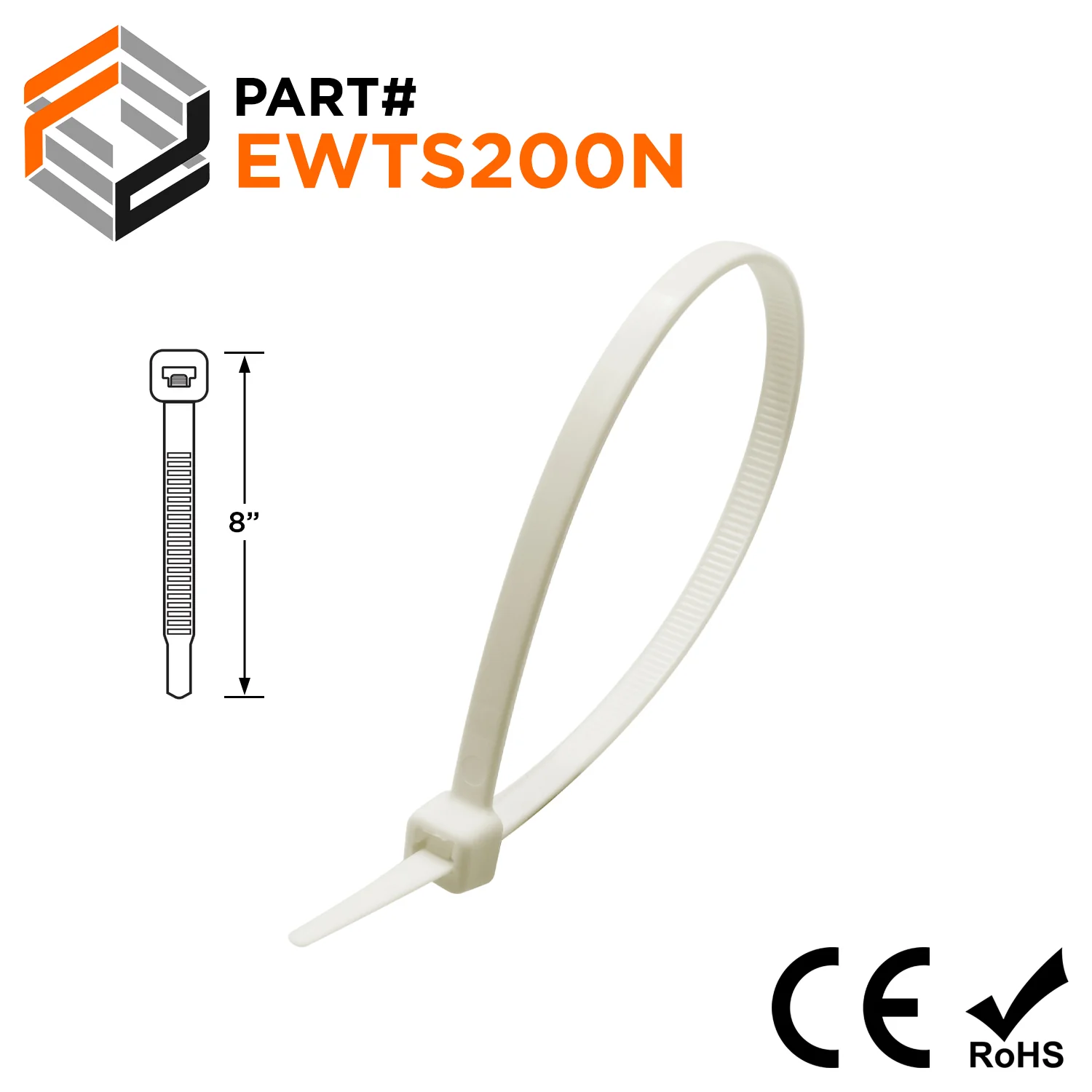EWTS200N - 8" Ultra Extreme Temperature Standard Cable Ties, 50-lb Tensile Strength, Natural, 100-Pack