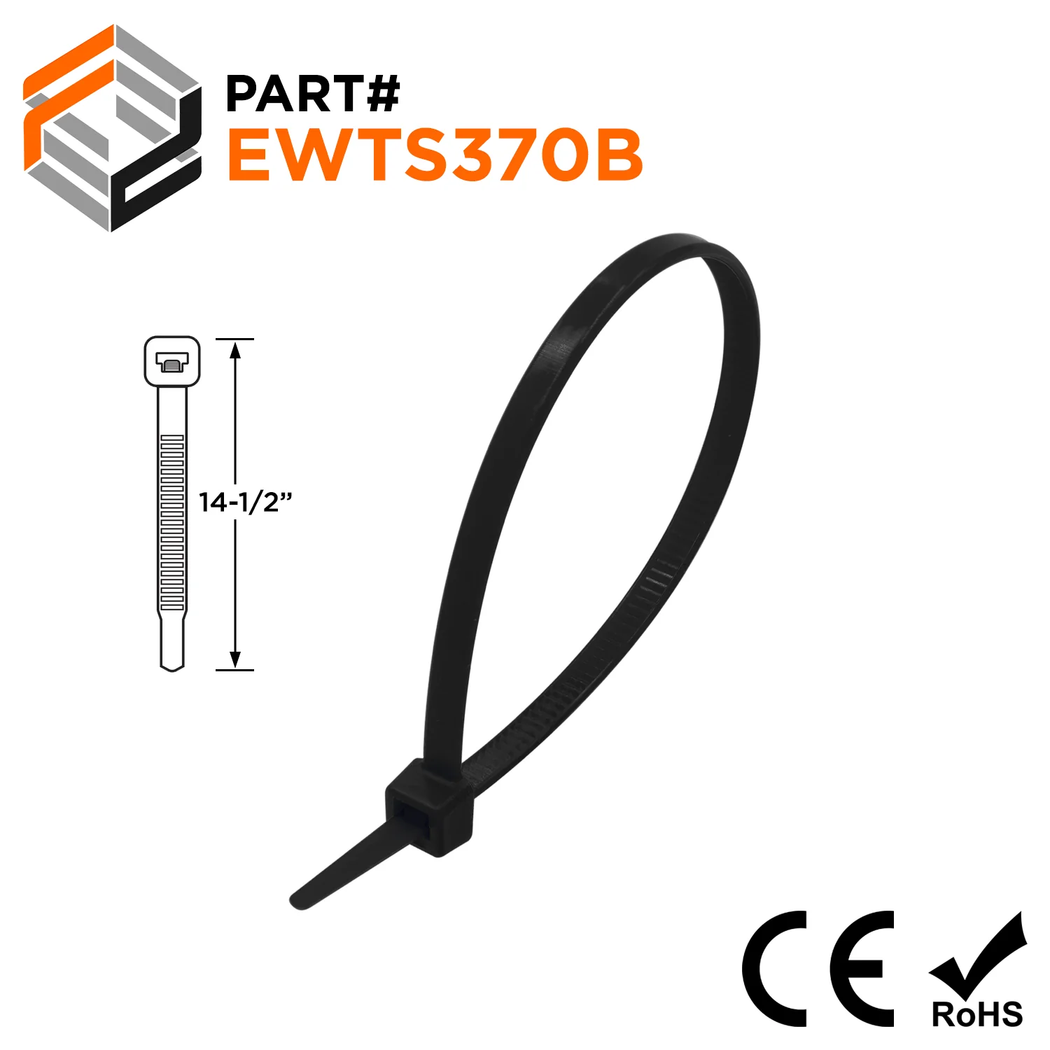 EWTS370B - 14-1/2" Ultra Extreme Temperature Standard Cable Ties, 50-lb Tensile Strength, Black, UV Resistant, 100-Pack