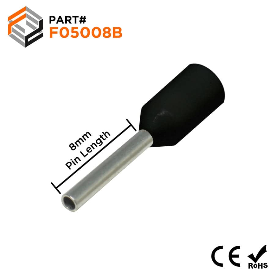 F05008B - 22 AWG Insulated Wire Ferrules, 8mm Pin, Black, 500 Pieces