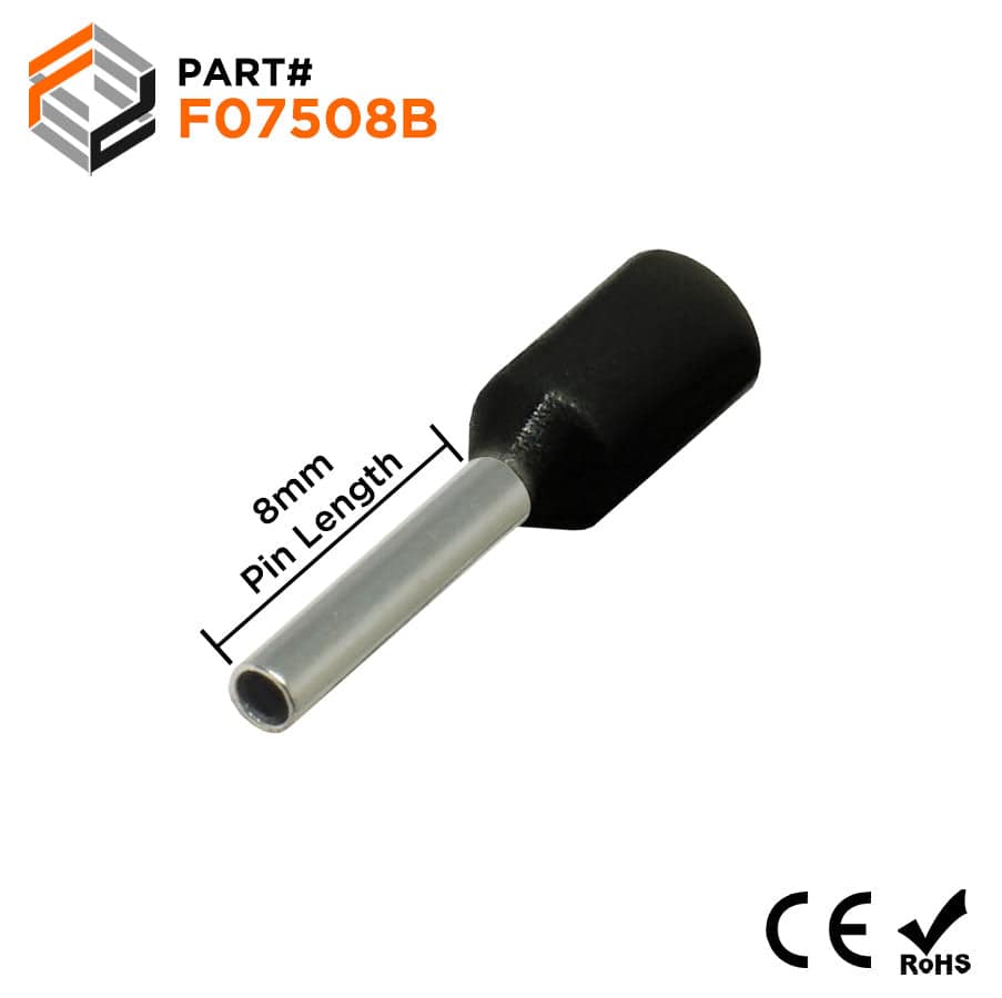 F07508B - 20 AWG Insulated Wire Ferrules, 8mm Pin, Black, 500 Pieces