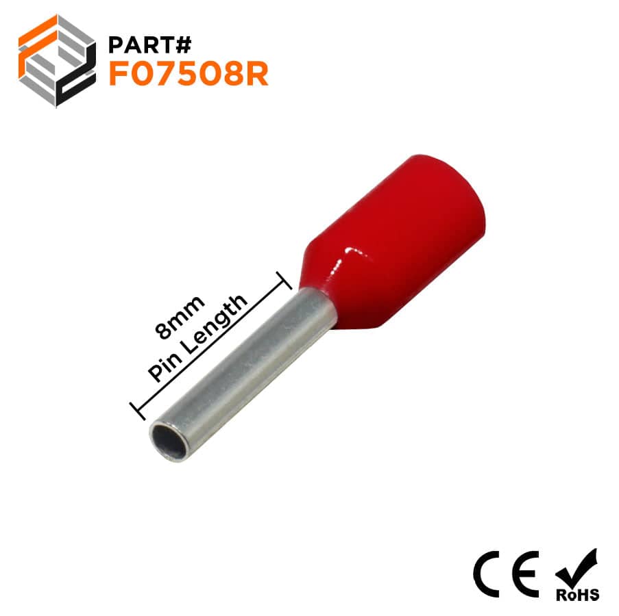 F07508R - 20 AWG Insulated Wire Ferrules, 8mm Pin, Red, 500 Pieces
