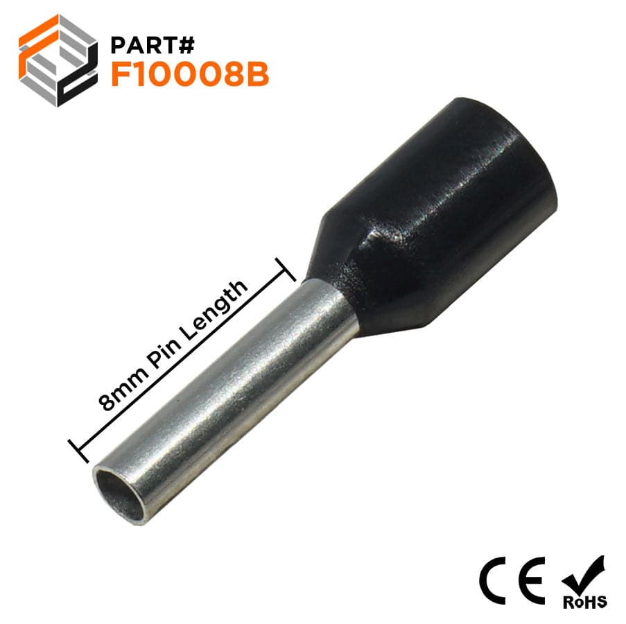 F10008B - 18AWG Insulated Wire Ferrules, 8mm Pin, Black, 500 Pieces