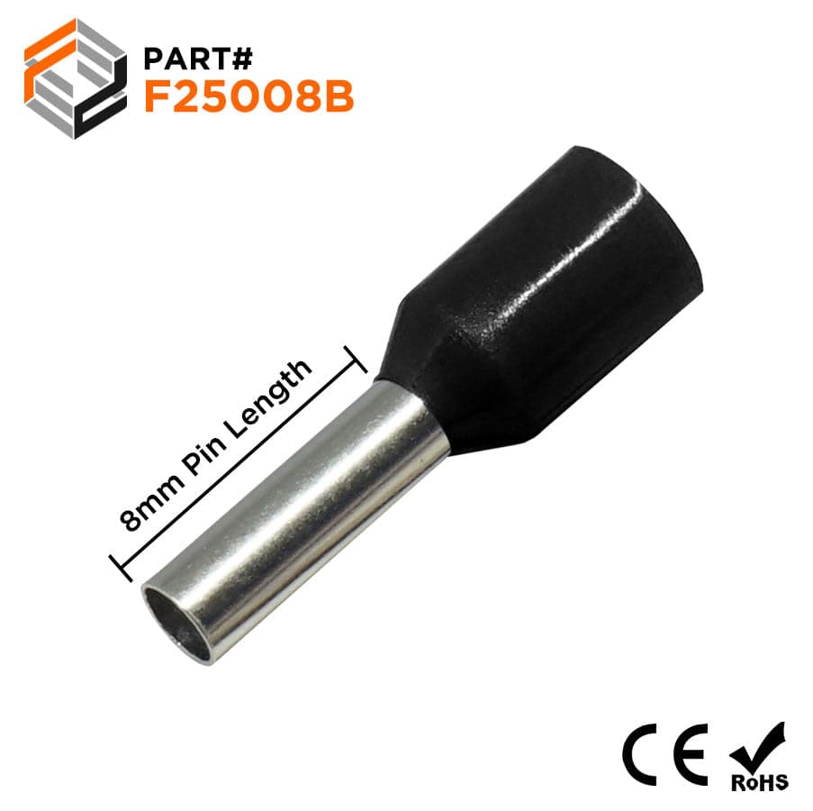 F25008B - 14 AWG Insulated Wire Ferrules, 8mm Pin, Black, 500 Pieces