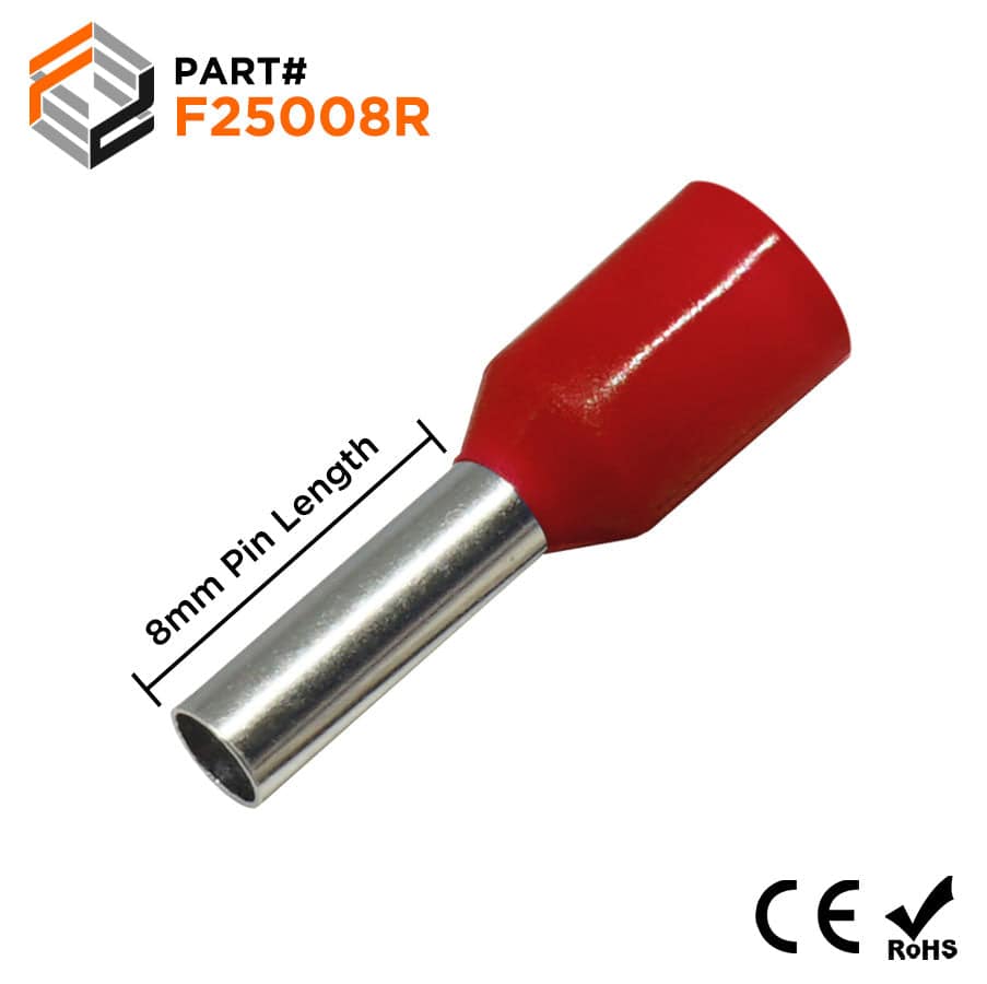 F25008R - 14 AWG Insulated Wire Ferrules, 8mm Pin, Red, 500 Pieces