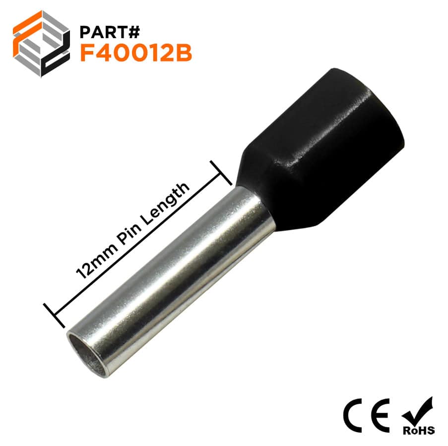 F40012B - 12 AWG Insulated Wire Ferrules, 12mm Pin, Black, 500 Pieces