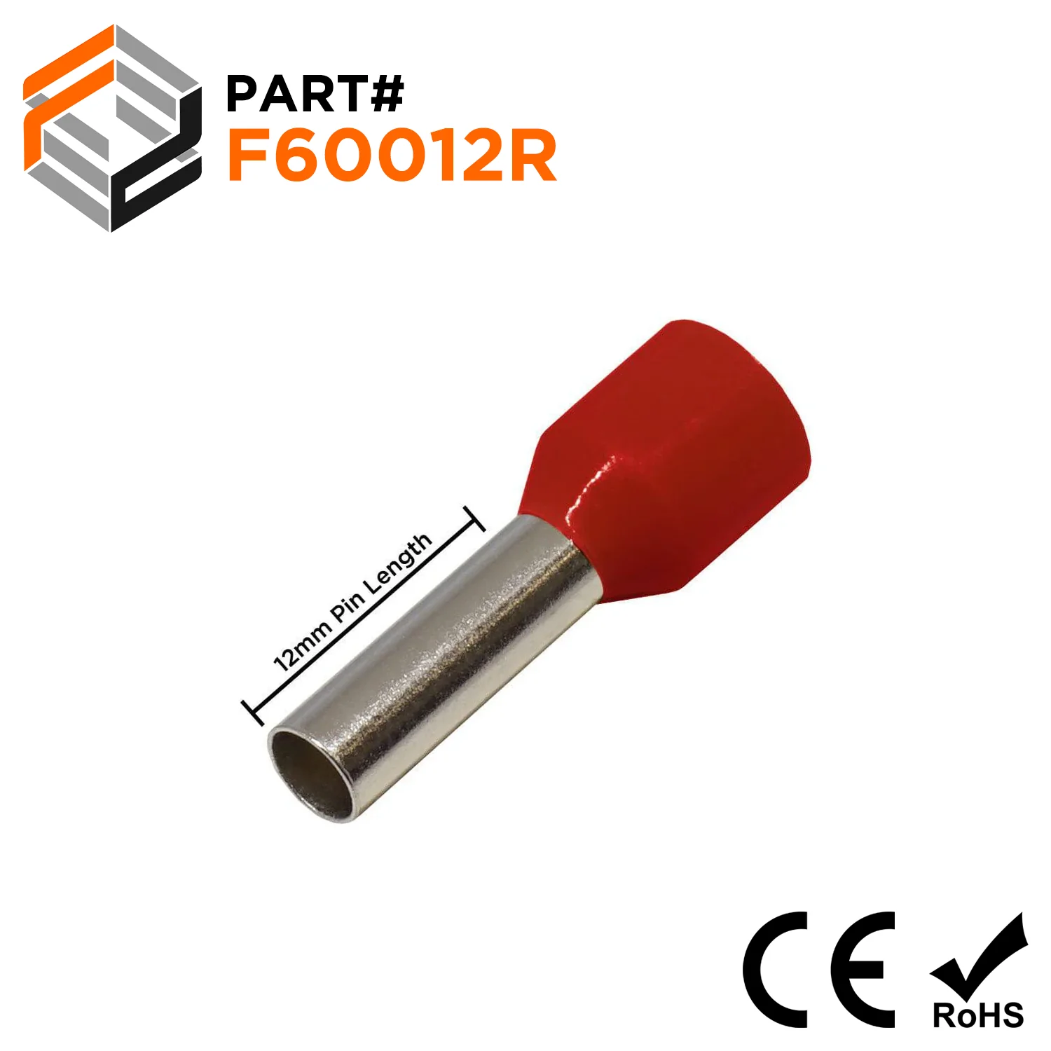 F60012R - 10 AWG Insulated Wire Ferrules, 12mm Pin, Red, 100 Pieces