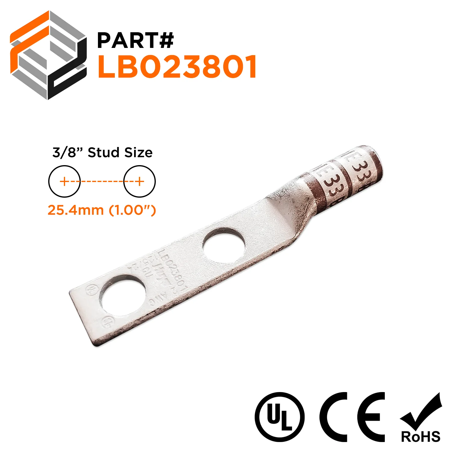 2 AWG Long Barrel 2-Hole Compression Lug, 3/8" Stud - Huya #: LB023801