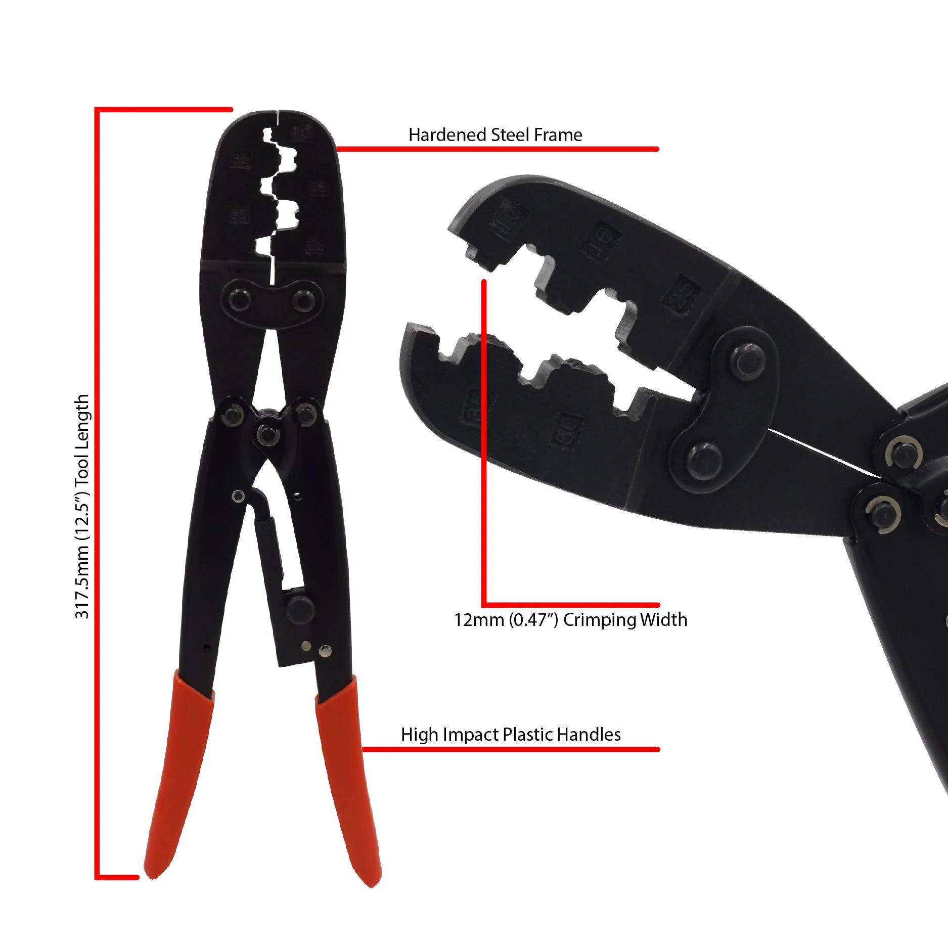FD0801 - 8 to 1 AWG Wire Ferrules Crimping Tool, Ratchet, Heavy Duty, XL Length, B-Crimp Profile, 1 Piece - Image 4