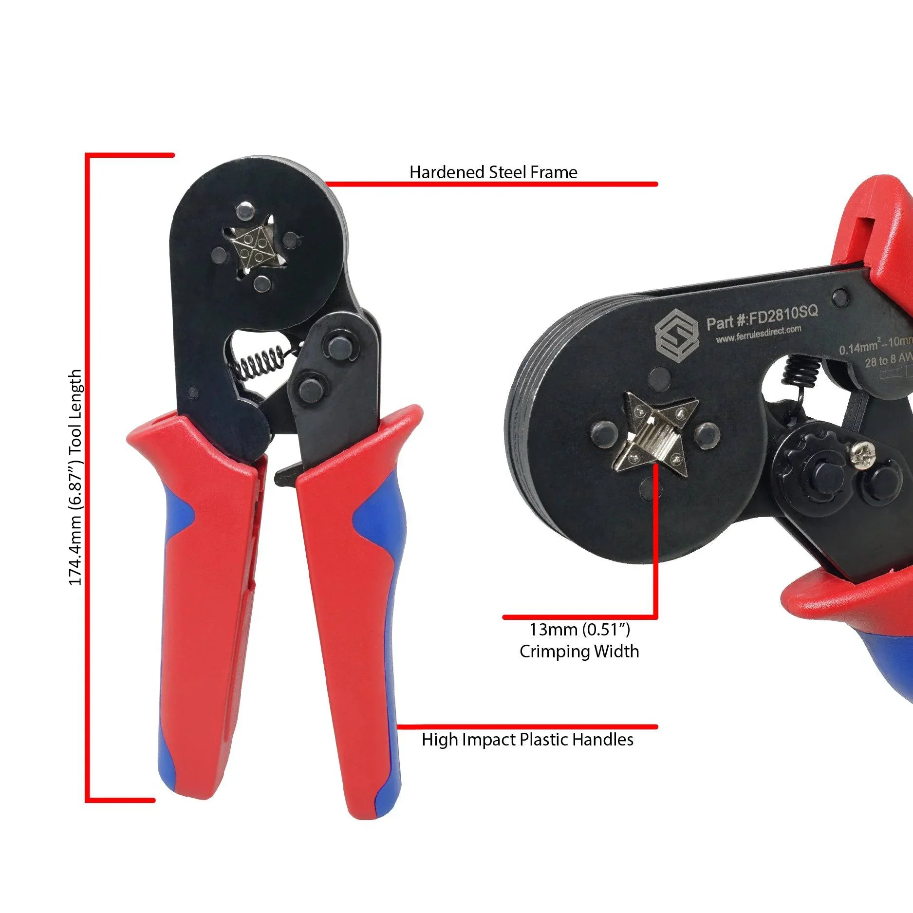 FD2810SQ - 28 to 10 AWG Wire Ferrules Crimping Tool, Self-Adjusting Ratchet, Square Profile, 1 Piece - Image 2