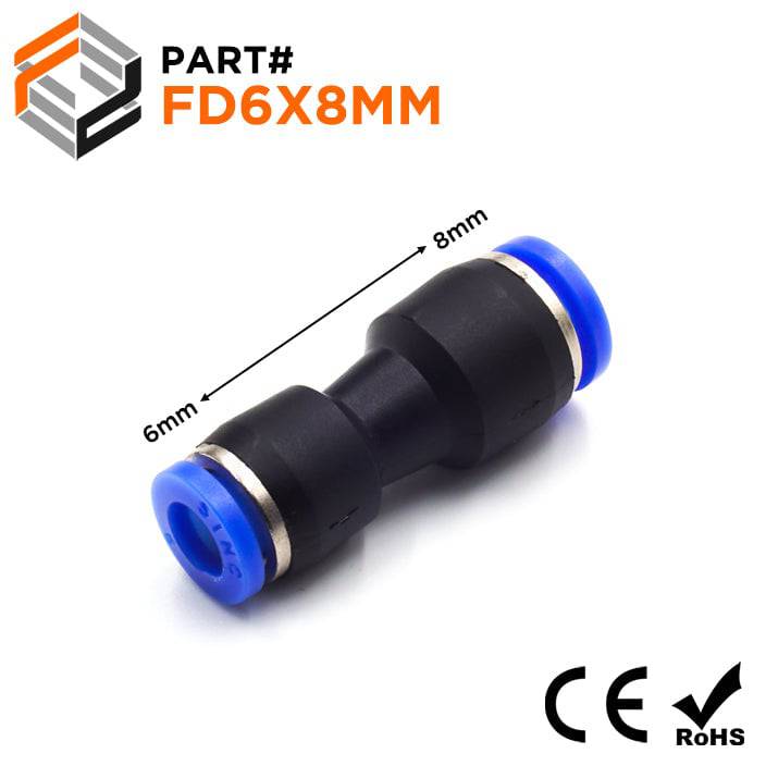 FD6X8MM - Pneumatic Push-In Reducer Union Fitting, 6mm to 8mm, 1 Piece