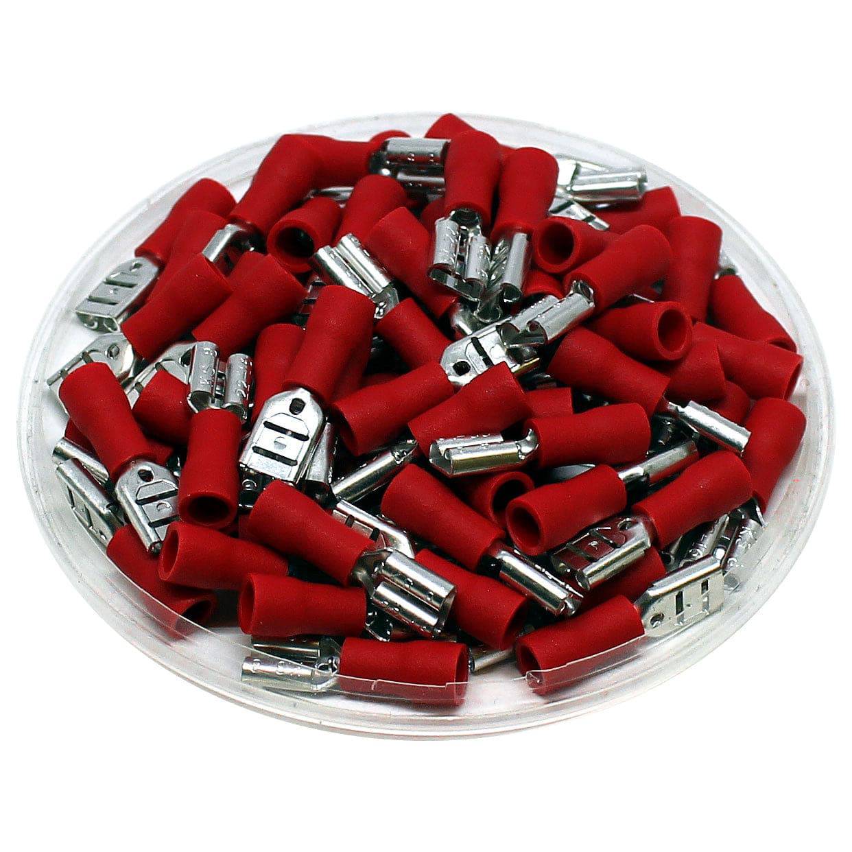 FDD1-205(5) - 22 to 16 AWG Vinyl Insulated Quick Disconnects, Female, Double Crimp, Red, 100 Pieces