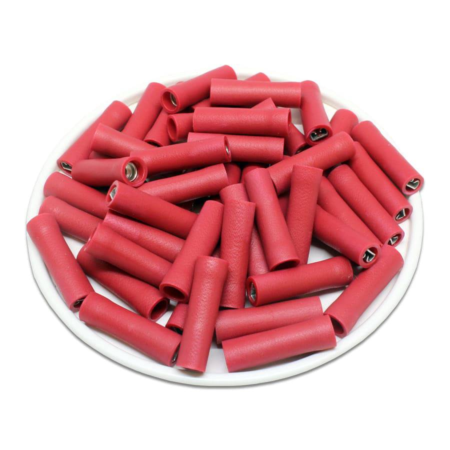 FDFD1-110(5) - 22 to 16 AWG Vinyl PVC Insulated Quick Disconnects, Female, Red, Fully Insulated, Double Crimp, 100 Pieces