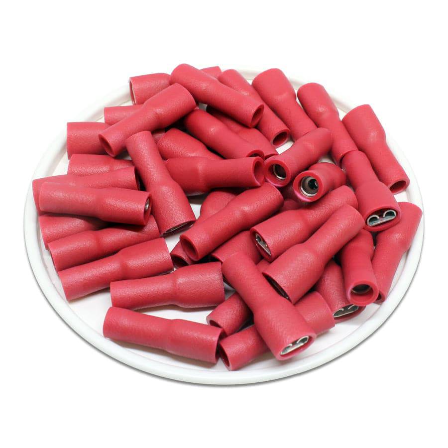 FDFD1-187(5) - 22 to 16 AWG Vinyl PVC Insulated Quick Disconnects, Female, Red, Fully Insulated, Double Crimp, 100 Pieces