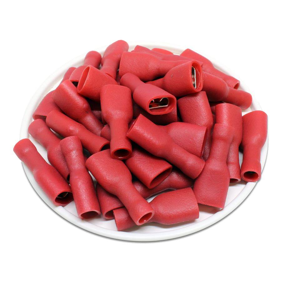 FDFD1-250 - 22 to 16 AWG Vinyl PVC Insulated Quick Disconnects, Female, Fully Insulated, Double Crimp, Red, 100 Pieces