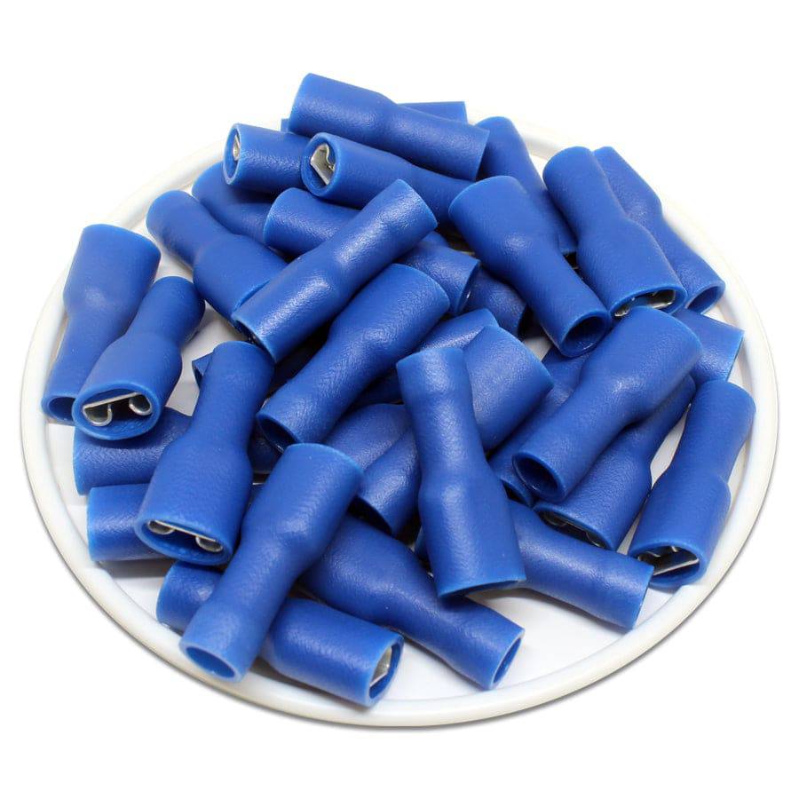 FDFD2-250 - 16 to 14 AWG Vinyl PVC Insulated Quick Disconnects, Female, Fully Insulated, Double Crimp, Blue, 100 Pieces