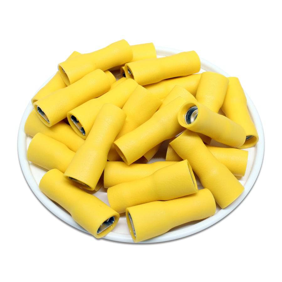FDFD5-250 - 12 to 10 AWG Vinyl PVC Insulated Quick Disconnects, Female, Fully Insulated, Double Crimp, Yellow, 50 Pieces