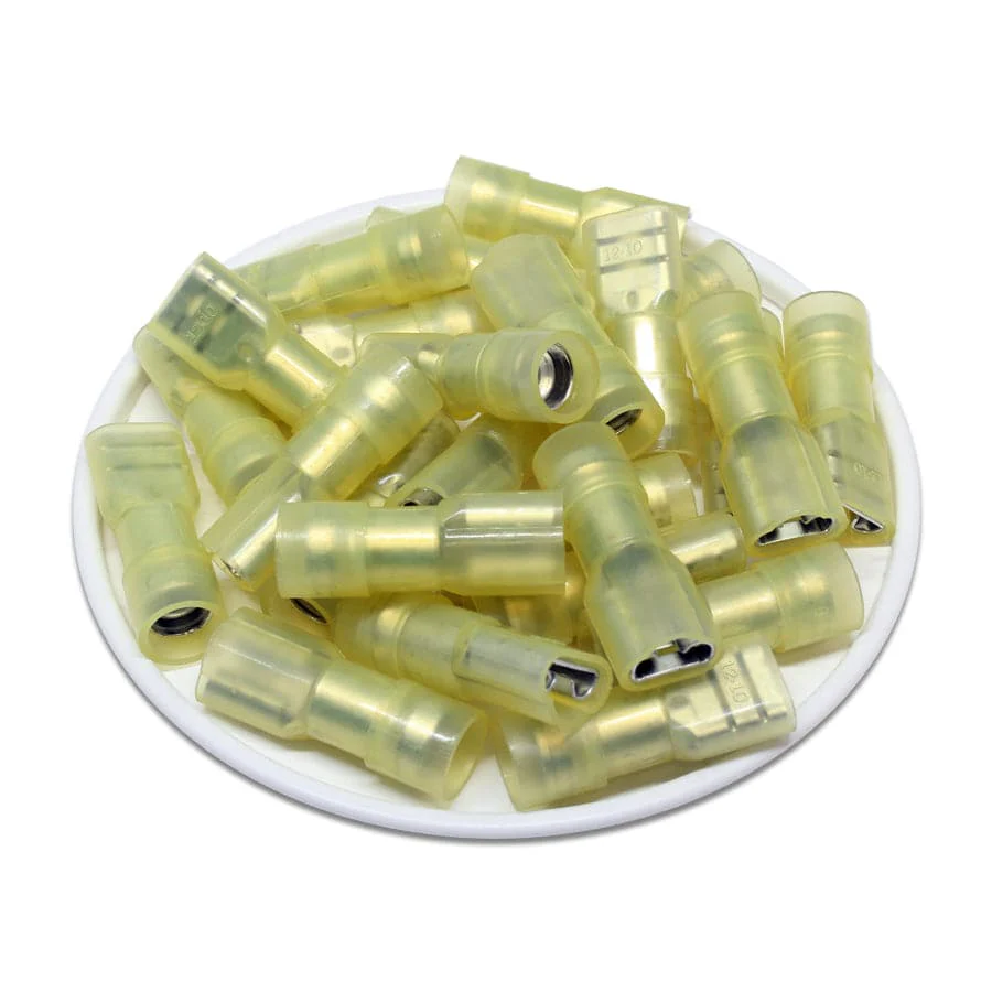 FDFNYD5-250 - 12 to 10 AWG Nylon Insulated Quick Disconnects, Female, Fully Insulated, Yellow, Double Crimp, 50 Pieces