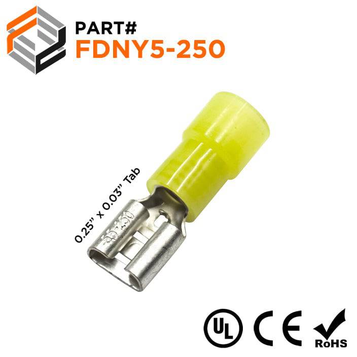 FDNY5-250 - 12 to 10 AWG Nylon Insulated Quick Disconnects, Female, Yellow, 50 Pieces