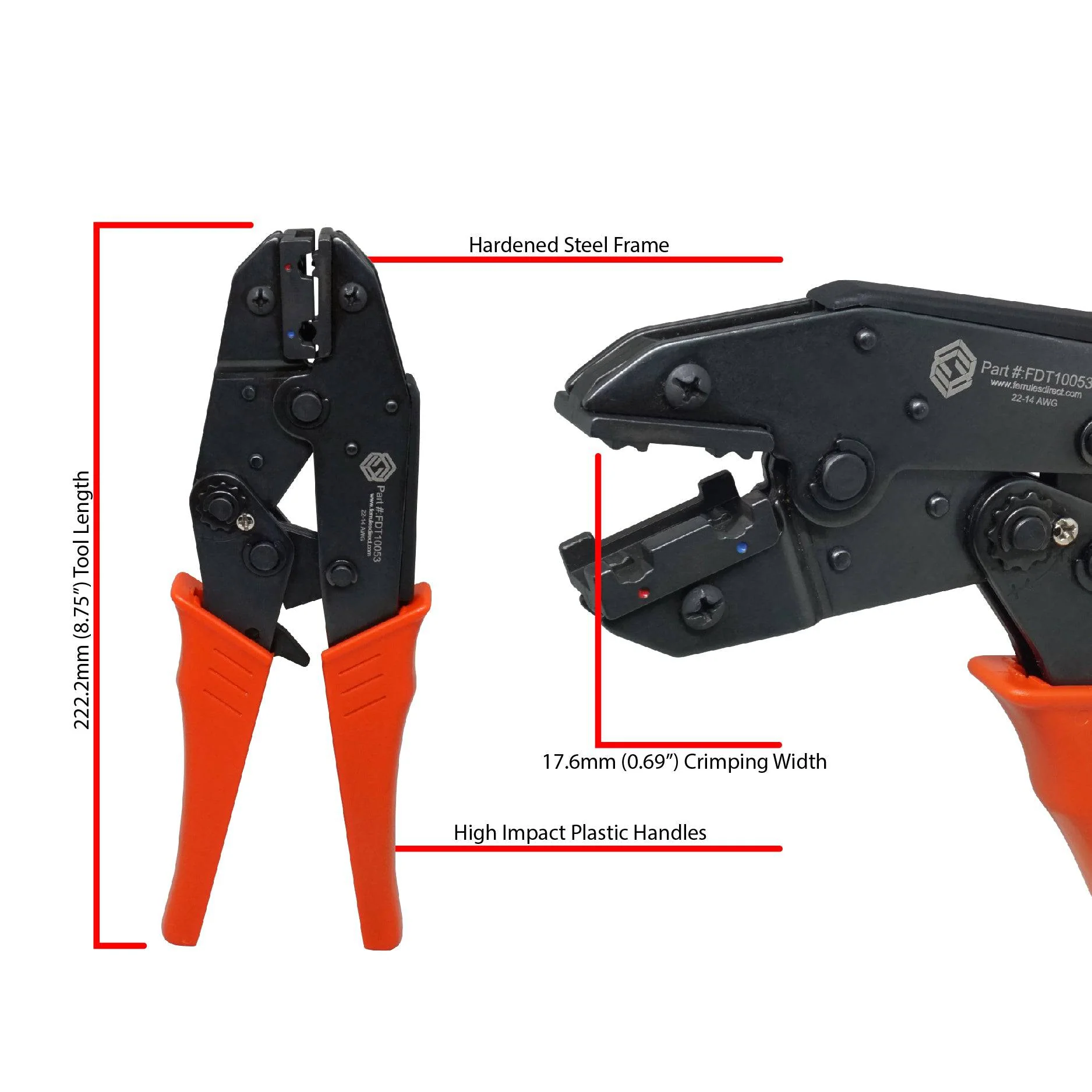 FDT10053 - 22 to 14 AWG Insulated Flag Terminal Crimping Tool, Ratcheting, 1 Piece - Image 2