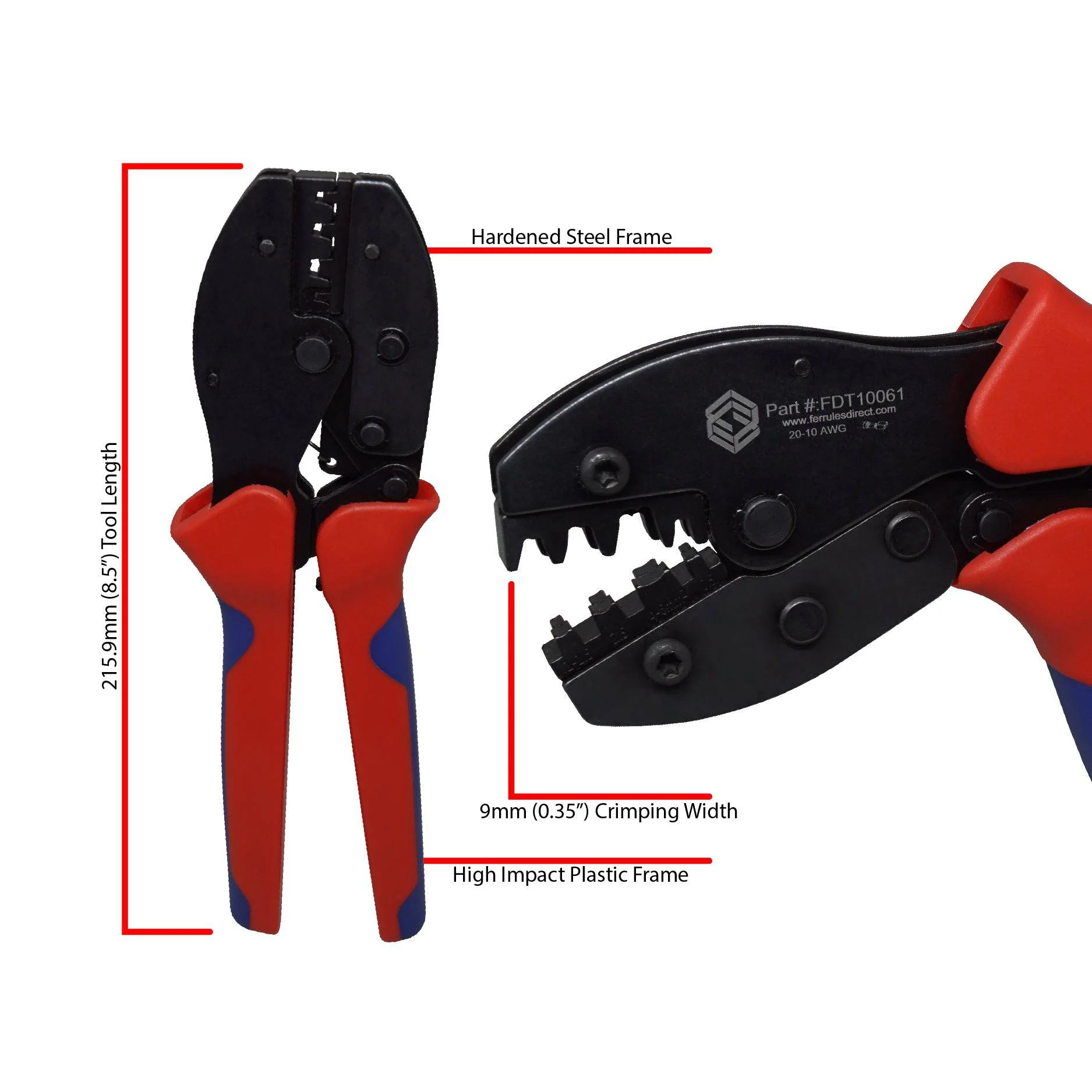 FDT10061 - 22 to 10 AWG Open Barrel Terminals Crimping Tool, 1 Piece - Image 2