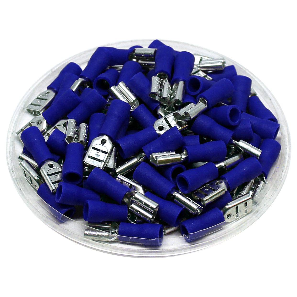 FDV2-187(5) - 16 to 14 AWG Vinyl PVC Insulated Quick Disconnects, Female, Blue, Fully Insulated, 100 Pieces