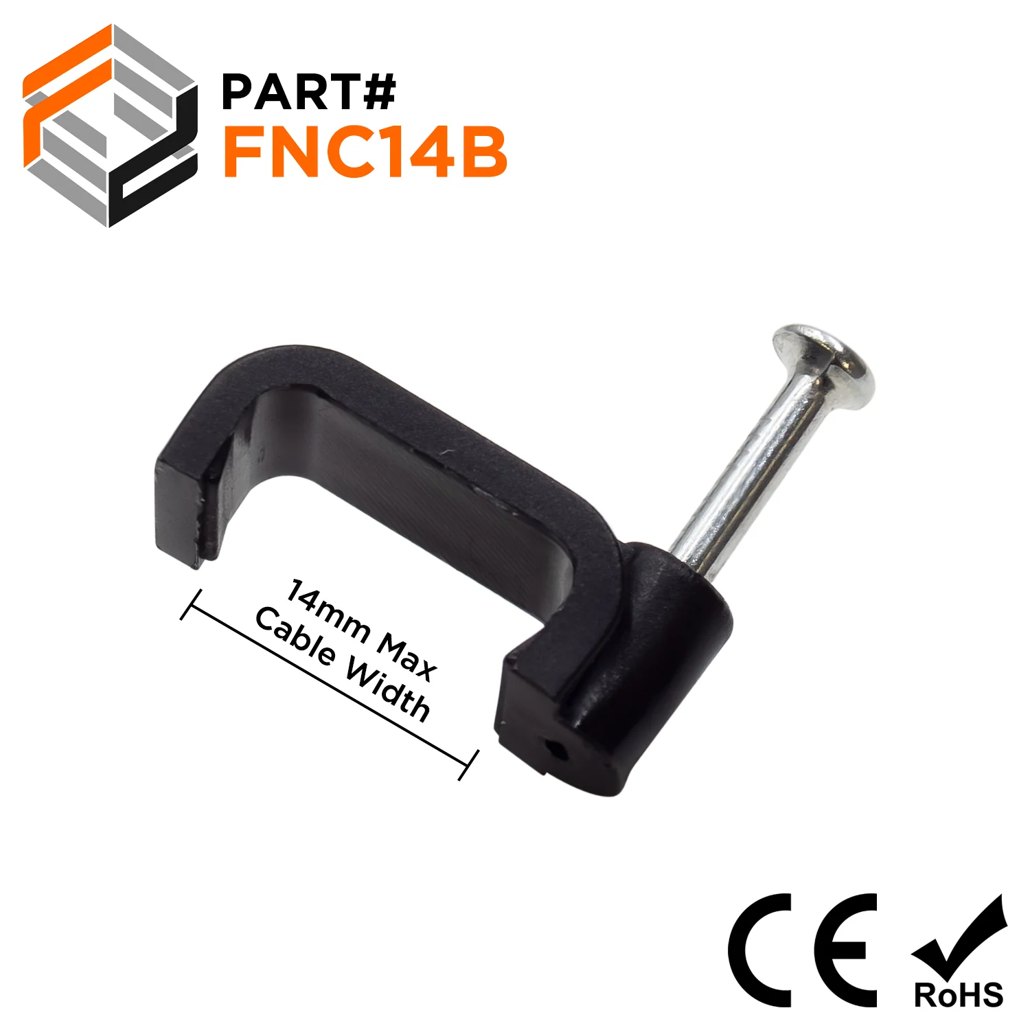 FNC14B - Nail In Cable Clips, Cable Nails Tacks, Flat, 14mm, 0.55", Black, 100 Pieces
