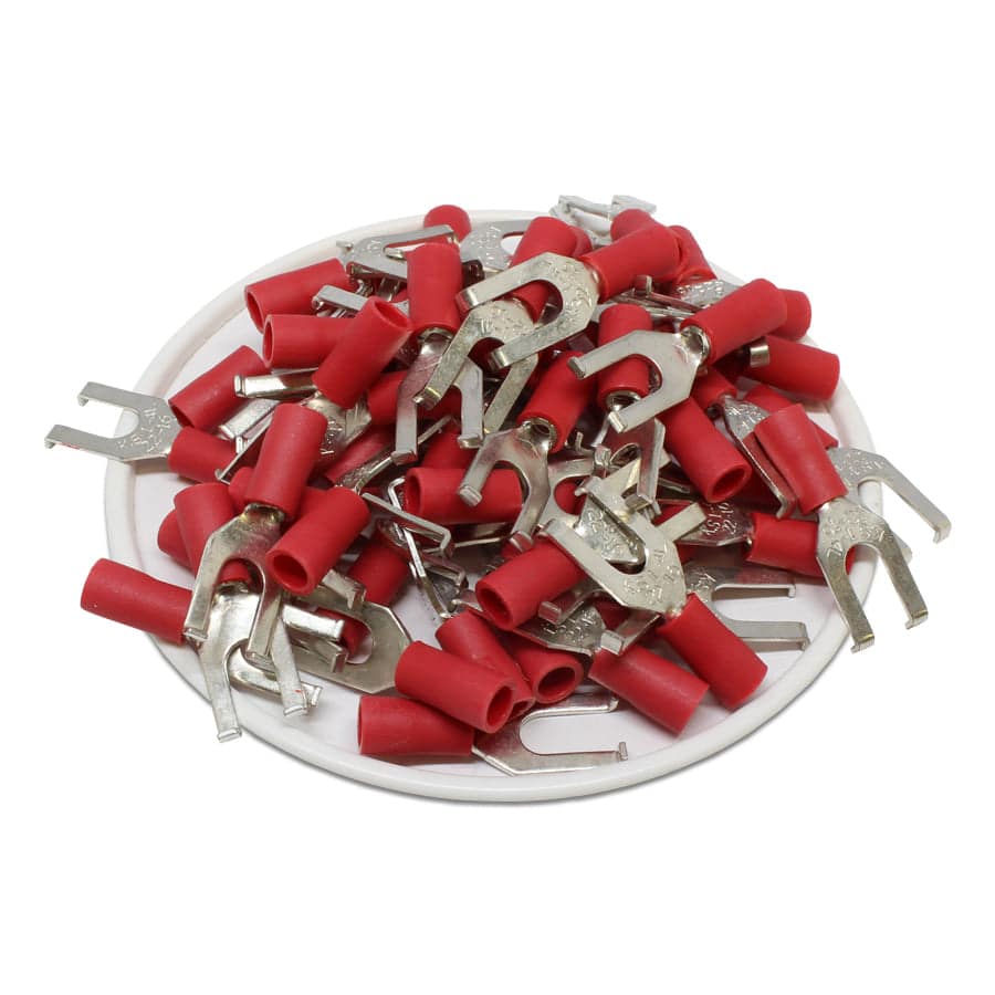 FSVBL1-4 - 22 to 16 AWG Vinyl PVC Flange Spade Terminals, #8 Stud, Brazed Seam, 100 Pieces