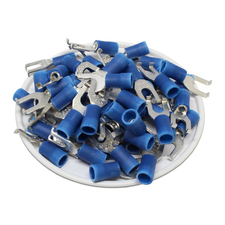 FSVBL2-4 - 16 to 14 AWG Vinyl PVC Flange Spade Terminals, #8 Stud, Brazed Seam, 100 Pieces