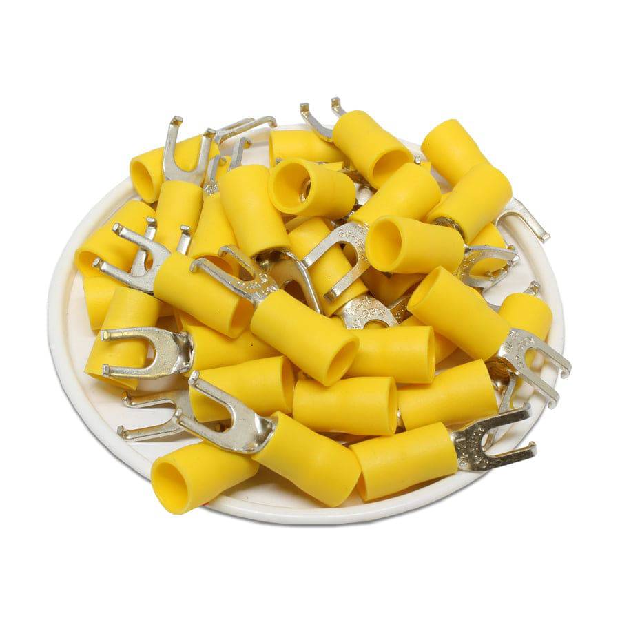 FSVBS5-4 - 12 to 10 AWG Vinyl PVC Flange Spade Terminals, #8 Stud, Brazed Seam, 100 Pieces
