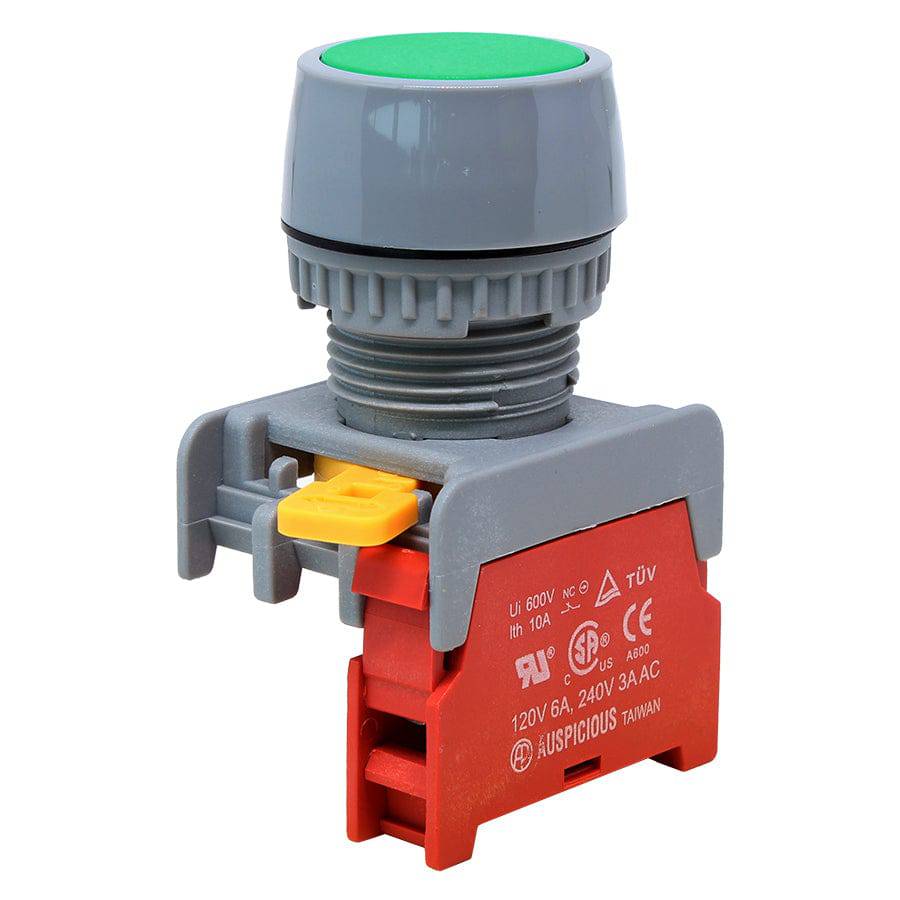 GBF22-1/C-GN - 1/C - 22mm Flat Head Push Button Switch - Green