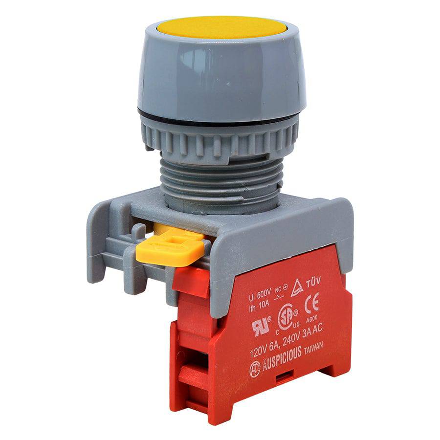 GBF22-1/C-YL - 1/C - 22mm Flat Head Push Button Switch - Yellow